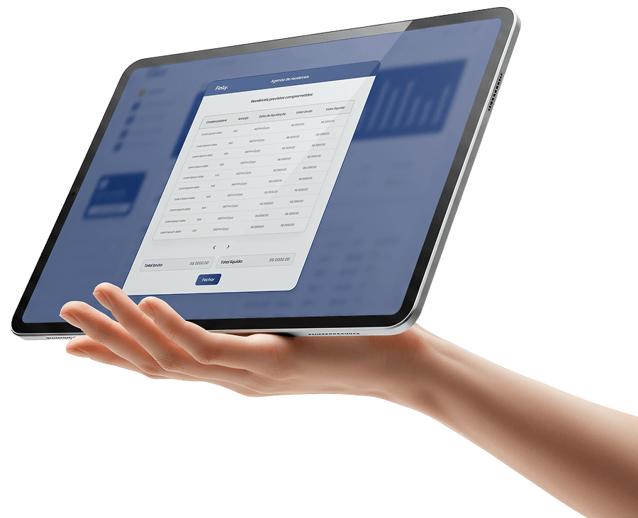 Tablet mostrando interface de arranjos de pagamento e recebíveis