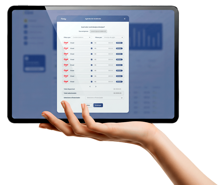 Tablet mostrando interface de garantias, colateral e troca de titularidade